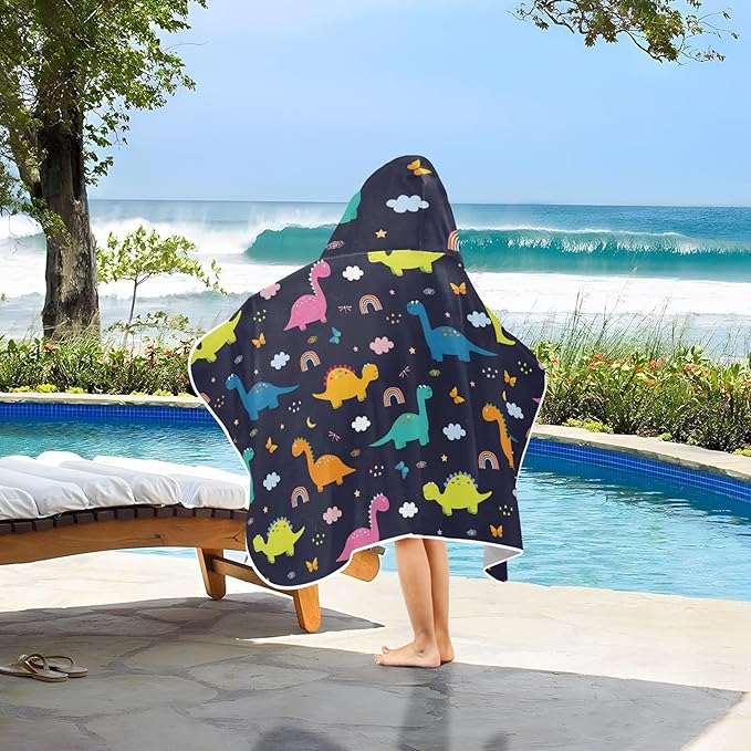 susiyo Kids Hooded Bath Towel Dinosaurs Clouds Beach Towel for Kids 23.5 x 50 Inch Microfiber Soft Absorbent Quick Dry Bath Swim Pool Towel Wrap Poncho Bathrobe with Hood for Kids Toddler