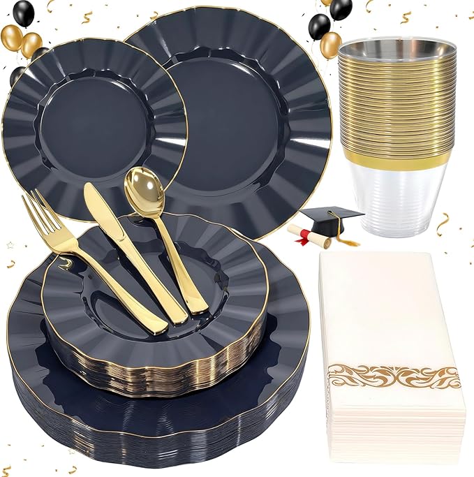 175 Plastic Dinnerware Set, Disposable Dinnerware Set for 25 Guests Include 50 Plastic Plates,25 Silverware Set,25 Cups and 25 Napkins for Graduation Party Wedding(Navy Blue and Gold)