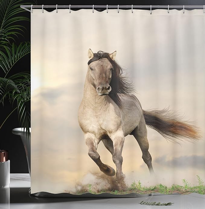 Ambesonne Horses Shower Curtain, Wild Young Stallion Horse Running at Sunset Male Power Muscular Physique Nobility Photo, Cloth Fabric Bathroom Decor Set with Hooks, 69" W x 70" L, Beige