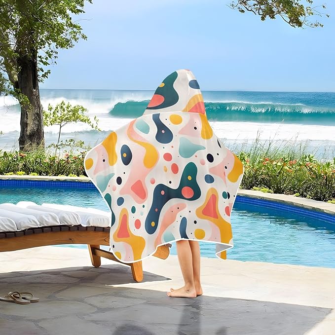 Hooded Towel for Kids Hand Drawn Colorful Various Organic Shapes Beach Wrap Bath Towels 50x23.5in