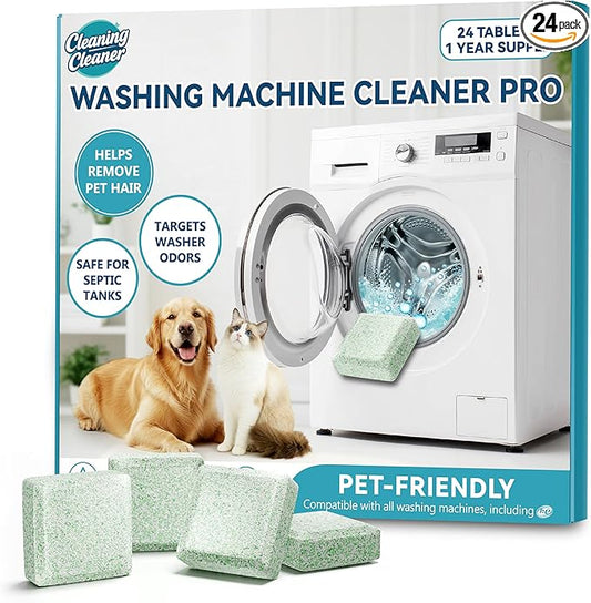 Washing Machine Cleaner Pet-Hair-Remover for Laundry, Cleaning Supplies for Odors and Grime, Safe for Pets, 24 Tablets, 1 Year Supply
