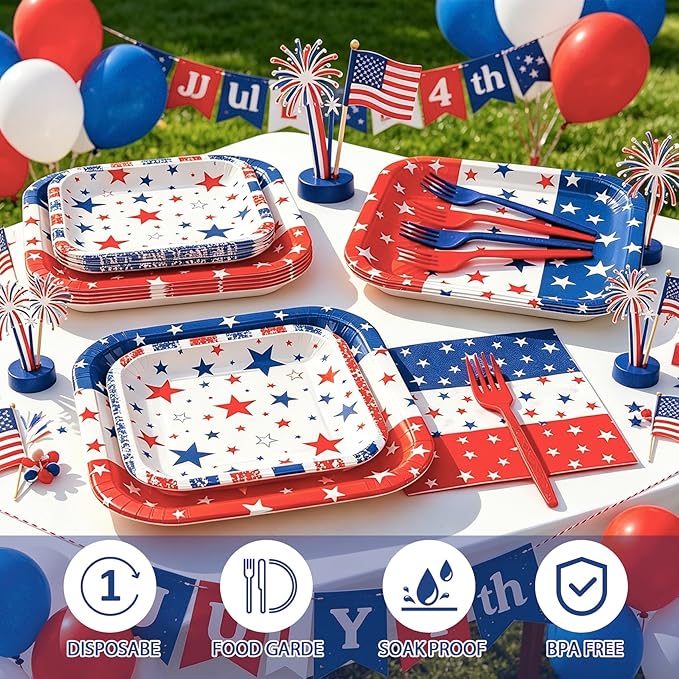 Patriotic Plates and Napkins,96Pcs 4th of July Tableware Set, American Flag Patriotic Party Supplies with Disposable Paper Plates, Napkins,Forks for 250th Anniversary Independence Day,Serves 24