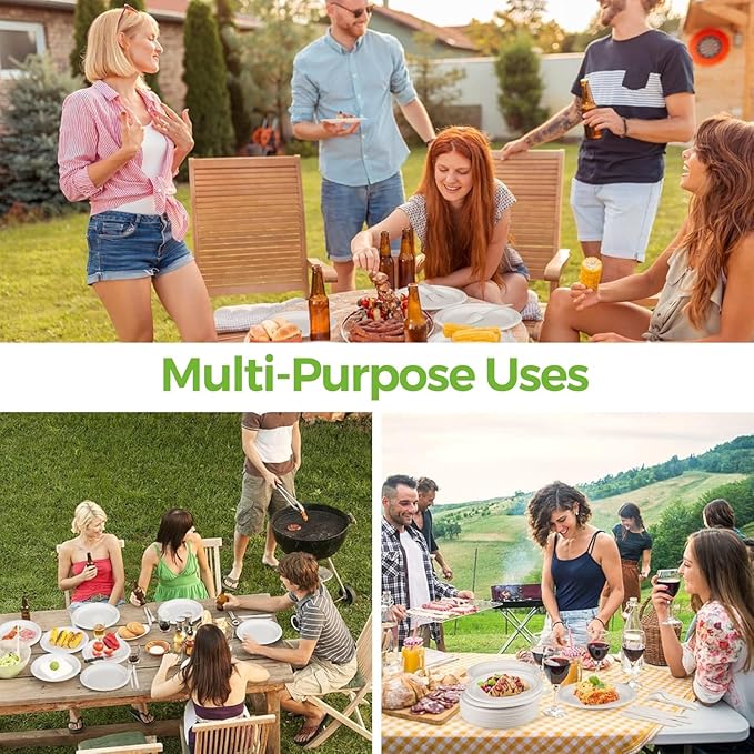 250 PCS Compostable Paper Plates and Utensils Set (EXTRA LONG), White Microwaveable Compostable Dinnerware Set, Disposable Plates, Bowls & Cutlery Includes Forks, Knives & Spoons, 50 Sets Each