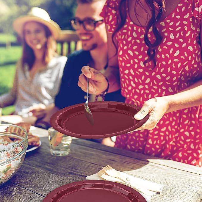 QZYL 50 PCS Paper Plates, Burgundy Heavy Duty Party Plates, Round 9 Inches Disposable Paper Tableware, Everyday Use Plates Set for Daily Meals Wedding Christmas Picnic Supplies