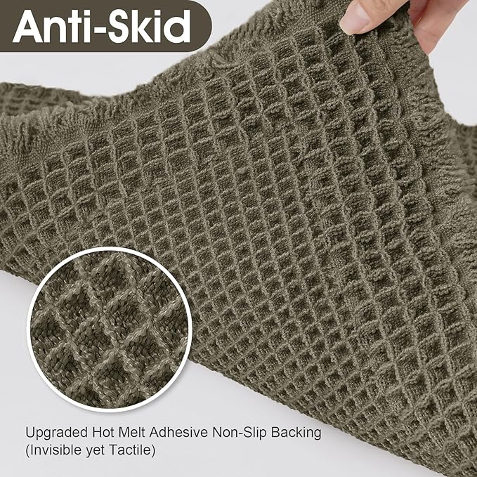 Upgraded Waffle Bath Mat, 32"x20" Greyish Green-Bordered, Super Absorbent Non-Slip Quick Dry Bathroom Rugs with Tassels, Machine Washable Ultra Soft Boho Bath Rugs, Toilet Mats Boho Farmhouse Decor