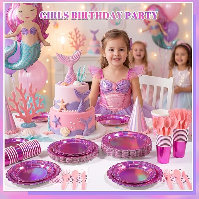 175 Pcs Iridescent Pink Party Supplies Include 25 guest Scalloped Holographic Pink Paper Plates and Napkins Set for Mermaid, Disco and Birthday Party Decor