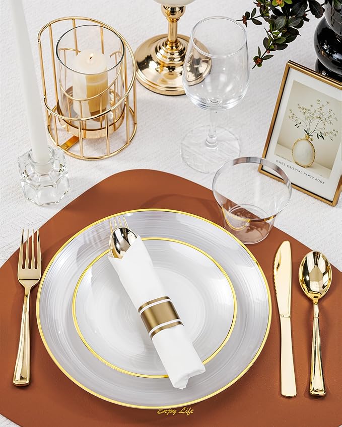 Morejoy 350PCS Pearl White and Gold Plastic Plates - Disposable Gold Party Plates & Pre Rolled Napkins with Cutlery for 50 Guests, 100Plates, 150Silverware, 50Cups, 50Napkin for Party & Mother's Day