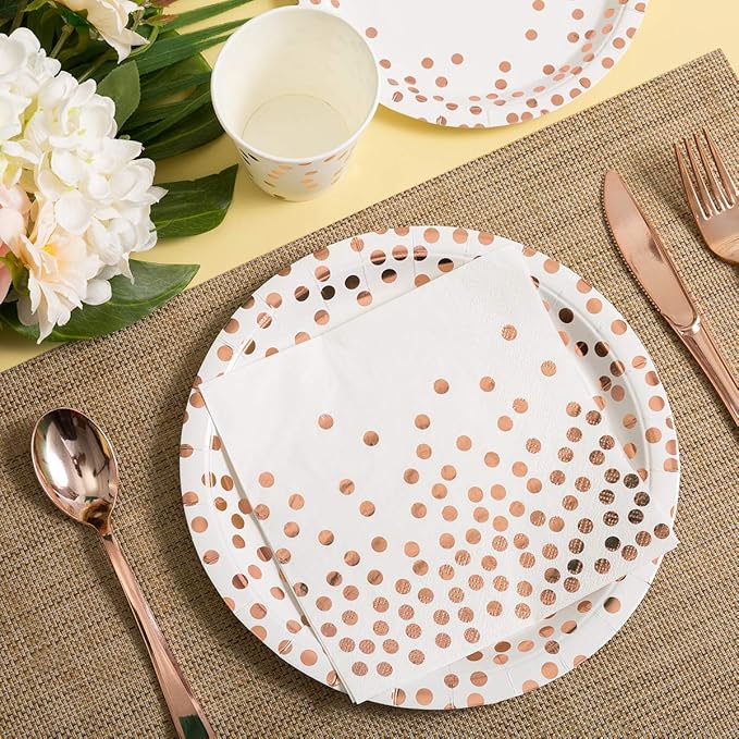 HOMIX 175 Pieces Rose Gold Party Supplies - Rose Gold Dot on White Paper Plates and Napkins Cups Silverware Serves 25 Sets for Wedding Bridal Shower Engagement Birthday Parties