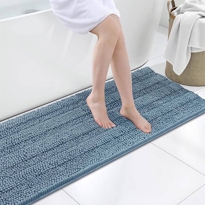 Grandaily Chenille Striped Bathroom Rugs 47x20, Extra Thick and Soft Absorbent Bath Mats, Rubber Backing, Plush Shaggy Shower Carpet, Machine Wash Dry, Bath Rug for Bathroom, Airy Blue