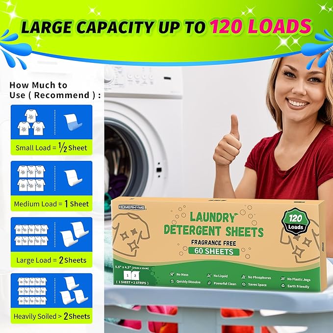 Laundry Detergent Sheets - Up to 120 Loads (60 Sheets),Unscented,Plastic Free,Laundry Detergent Strips for Travel,Dorms, Home,Apartments,Liquidless Technology,Eco Friendly& Hypoallergenic