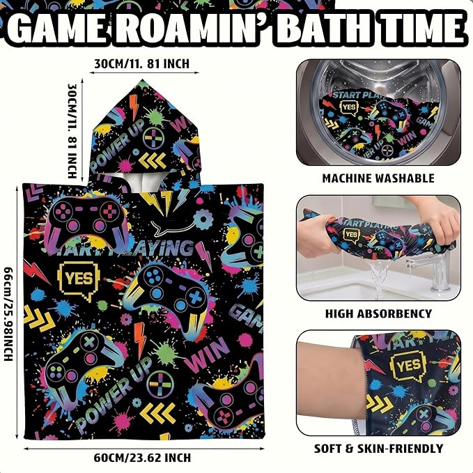 Fanfanwin Hooded Bath Towel for Boy Cotton Game Bath Hooded Poncho 37.8x23.62 Inches Cool Graffiti Game Poncho with Snap Buttons Hood Soft Rapid Dry for Beach Pool Swim Travel Home Use