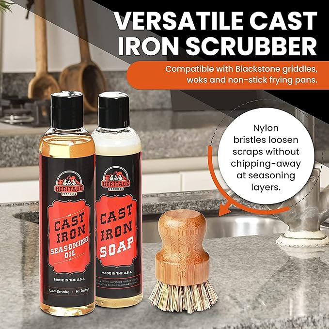Heritage Products Cast Iron Scrub Brush, Palm Brush Kitchen Dish Scrubber with Natural Bamboo Wood Handle and Densely Packed Nylon Bristles Protects Nonstick Cast Iron Seasoning During Dishwashing