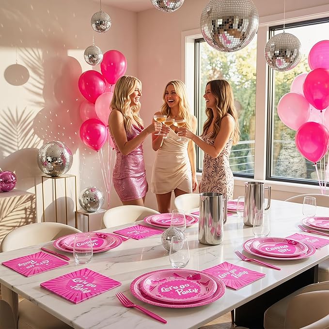 100 Pcs Let's Go Party Supplies for 25 Guests, Heavy-Duty 7" & 9" Paper Plates, 2-Ply 13" Napkins & Plastic Forks, Disposable Pink Tableware Set for Wedding Bridal Shower Party