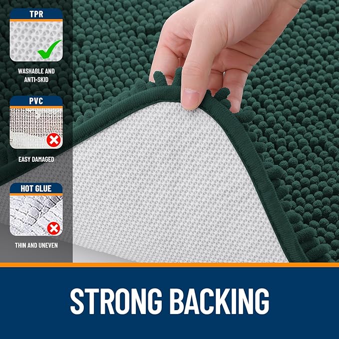 OLANLY Bathroom Rugs 30x18, Extra Soft Absorbent Chenille Bath Rugs, Rubber Backing Quick Dry, Machine Washable Bath Mats for Bathroom Floor, Tub and Shower, Home Decor Accessories, Blackish Green