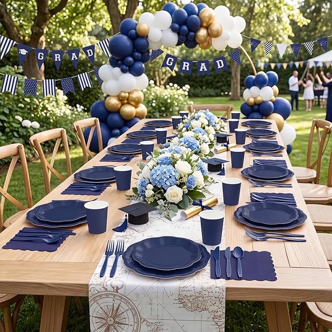 NatNarr 175 Pcs Navy Blue Plates and Napkins Set, 25 Guest Navy Blue Party Supplies Include 9" Graduation Plates & 7" Cake Plate Disposable Plastic Cutlery for Birthday Graduation Party Wedding