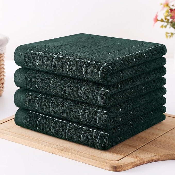 Homaxy 100% Cotton Terry Kitchen Towels(Blackish Green, 13 x 28 inches), Checkered Designed, Soft and Super Absorbent Dish Towels, 8 Pack