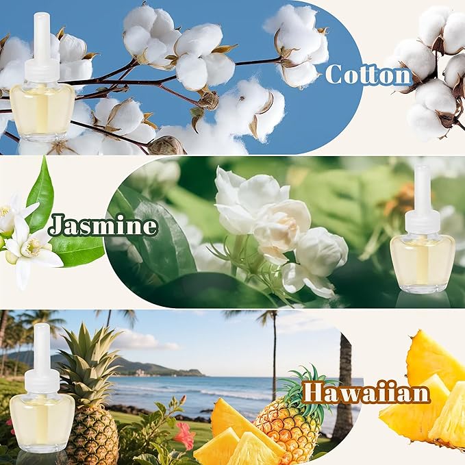 Plug In Air Freshener Refills for Home, Hawaiian, Jasmine & Cotton Scent for Bathrooms & Kitchen, 12 Count Plug Refill for Bathrooms, Office, Compatible with Air Wick & Glade, Not Include Glade Plus