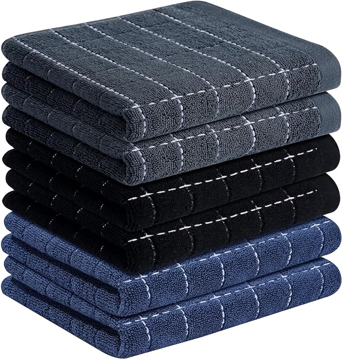 Homaxy 100% Cotton Terry Kitchen Towels(Multiple Colour, 13 x 28 inches), Checkered Designed, Soft and Super Absorbent Dish Towels, 6 Pack