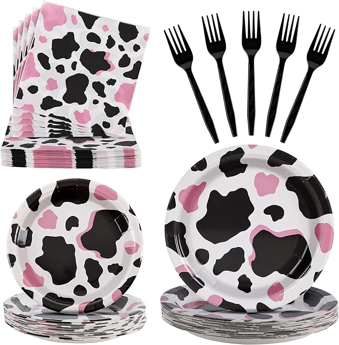 100 Pcs Cow Party Supplies for 25 Guests, Heavy-Duty 7" & 9" Paper Plates, 2-Ply 13" Napkins & Plastic Forks, Disposable Tableware Set for Cow Birthday, Farm and Western Party