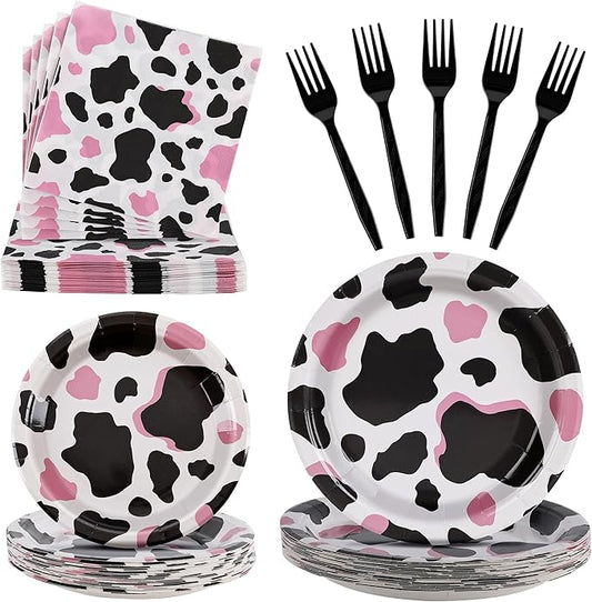 100 Pcs Cow Party Supplies for 25 Guests, Heavy-Duty 7" & 9" Paper Plates, 2-Ply 13" Napkins & Plastic Forks, Disposable Tableware Set for Cow Birthday, Farm and Western Party