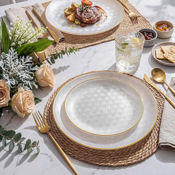 Festiva 60PCS Clear Ivory Plastic Plates with Gold Rim - Heavy Duty Fancy Disposable Plates - Serve for 30 Guests Include 30PCS 10.25" & 30PCS 7.5" Honeycomb Design Plates for Bee Party