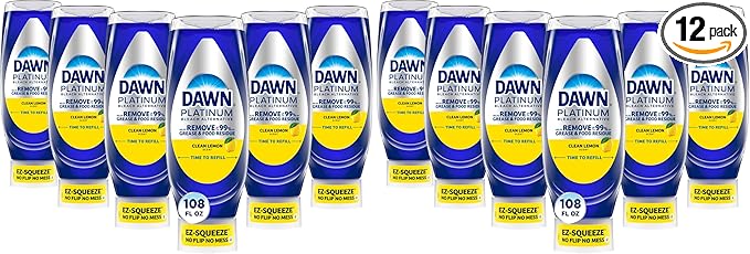 Dawn Platinum EZ-Squeeze Dish Soap Liquid, Dishwashing Liquid, Grease Removal, Upside Down Bottle, Bleach Alternative Clean Lemon, 18 Fl Oz Bundle,(Pack of 12)