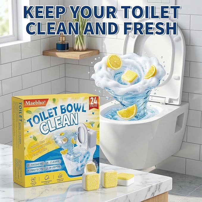 Toilet Bowl Cleaner Tablets – Deodorizer & Septic Safe, Odor Eliminator, Stain Remover for Long-Lasting Freshness – Fresh Lemon Scent 24 Pack