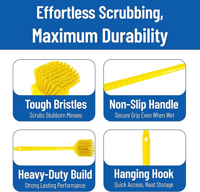 SPARTA 20" Floater Scrub Brush with Long Handle, Oil-Resistant Polyester Bristles, Multiple Trim Angles, Foam-Injected Polymer Block, Commercial Cleaning Tool, Yellow