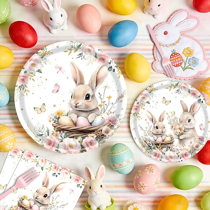 96 Pieces Easter Bunny Eggs Paper Plates and Napkins, Spring Floral Rabbit Disposable Tableware with Plates Napkins Forks for Spring Easter Party Supplies, Baby Shower Birthday Party Decor - Serves 24