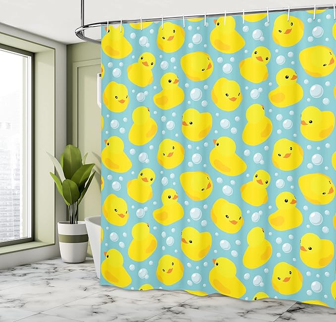 Ambesonne Cartoon Shower Curtain, Happy Rubber Duck and Bubbles Pattern Theme Art, Cloth Fabric Bathroom Decor Set with Hooks, 69" W x 84" L, Yellow Aqua