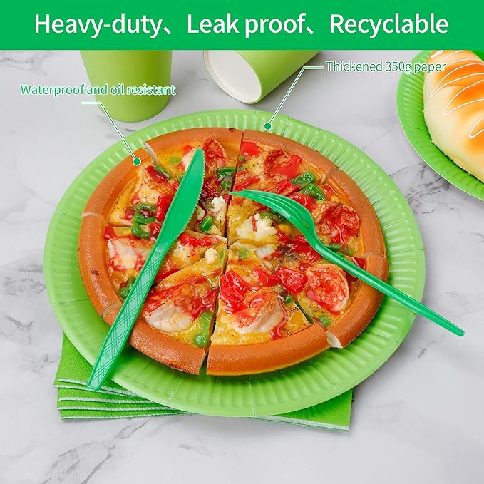 210pcs green Plates And Cups Party Supplies -Green Party Plates Plastic Silverware, Paper Cups And Napkins Serves 30 (Lime Green Paper Plates)