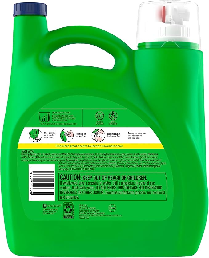 Gain Plus Liquid Laundry Detergent, Cleaner, Fresher, Now with Oxi, Waterfall Delight Scent, 170 fl oz, 129 Loads