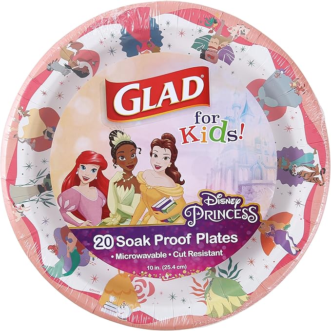 Glad for Kids Disney Princess Disposable Paper Plates, Magic is in All of Us Design - Heavy Duty, Soak-Proof, Microwavable Kid-Friendly Character Plates for Everyday Meals, 10 inch, 20 Count