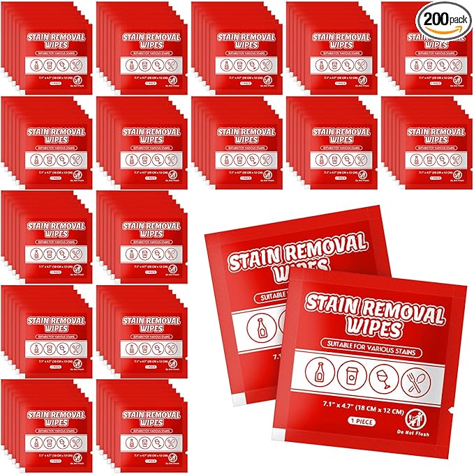 Stain Remover Wet Wipes Bulk, Individual Wrapped Clothes Portable Travel Messy Eater Cleaning Laundry Stain Removal Wipes Pocket Size for Clothing Fabric/Shoes/Wine/Fast Food 7.1 x 4.7 Inch (Red 200)