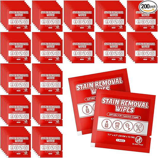 Stain Remover Wet Wipes Bulk, Individual Wrapped Clothes Portable Travel Messy Eater Cleaning Laundry Stain Removal Wipes Pocket Size for Clothing Fabric/Shoes/Wine/Fast Food 7.1 x 4.7 Inch (Red 200)