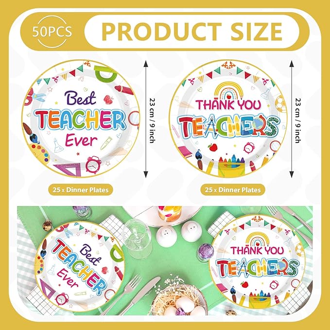 Grencian 50Pcs Thank You Teachers Decorations 9" Thank You Teachers Party Plates Disposable Teacher Appreciation Best Teacher Ever Tableware for Teachers Day 2026 Graduation Party Decorations