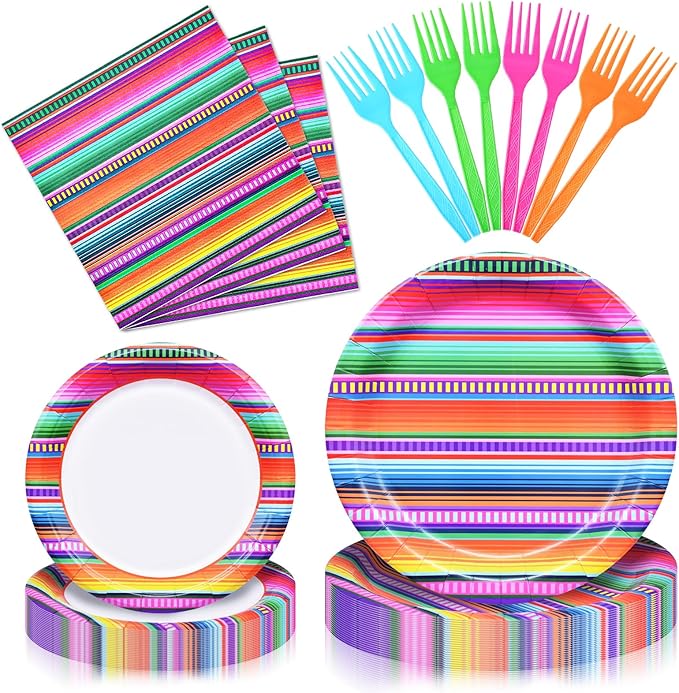 96 Pieces Mexican Fiesta Party Tableware Set - Colorful Serape Stripe Disposable Dinnerware with Paper Plates, Napkins, Plastic Forks - Cinco de Mayo, Taco Tuesday, Birthday, BBQ Party Supplies