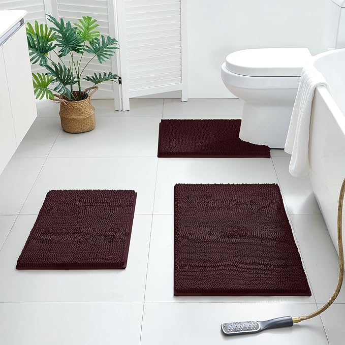 BYSURE Brown Bathroom Rugs Sets 3 Piece Non Slip Extra Absorbent Plush Chenille Soft Washable Bath Mats