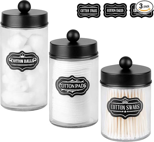 Apothecary Jars 3 Pack - Glass Bathroom Containers with Stainless Steel Lids - Rustic Farmhouse Decor Bathroom Accessories, Vanity Organizer Apothecary Jars for Qtip/Cotton Balls (Matte Black)