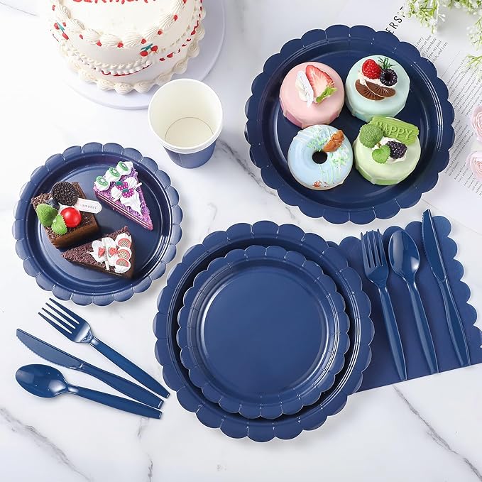 175 Pcs Navy Blue Plates and Napkins, 25 Guest Navy Blue Graduation Party Supplies Includes Scalloped Plates Napkins Cups Plastic Cutlery for 2026 Graduation, Birthday, Wedding, Picnic