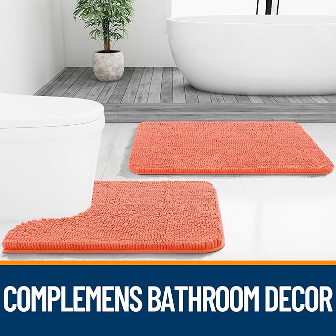 OLANLY Small Bathroom Rugs 24x16, Extra Soft Absorbent Chenille Bath Rugs, Rubber Backing Quick Dry, Machine Washable Bath Mats for Bathroom Floor, Tub and Shower, Home Decor Accessories, Coral