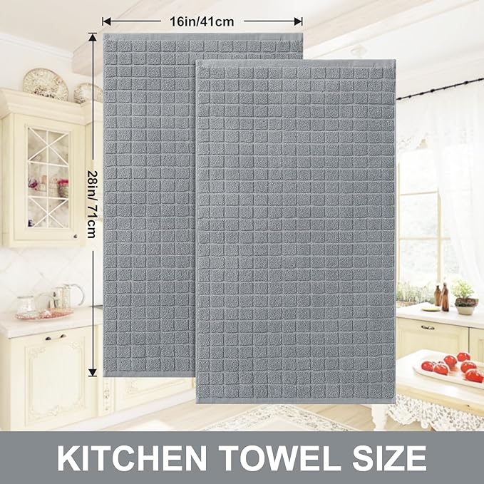 Homaxy Premium Cotton Kitchen Towels 16"x 28", Large Natural Ring Spun 390 GSM Dish Towels, Super Absorbent Terry Kitchen Hand Towels, Soft Tea Towels with Hanging Loop, Pure Grey Check Design, 4 Pack