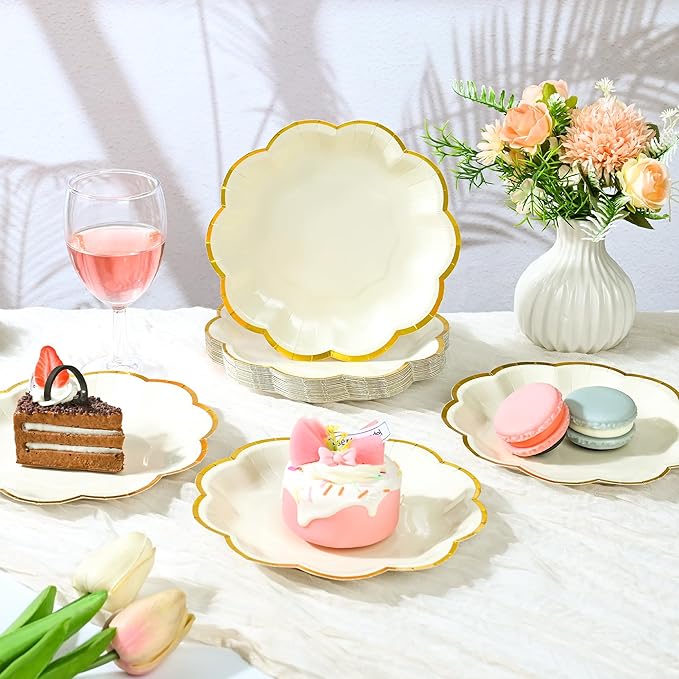 AimFun Beige Party Plates Cream Dessert Paper Plates 7inch Gold Foil Scalloped Edge Disposable Cake Plates for Tea Party Birthday Bridal Baby Shower Wedding Party Supplies (48, Beige)