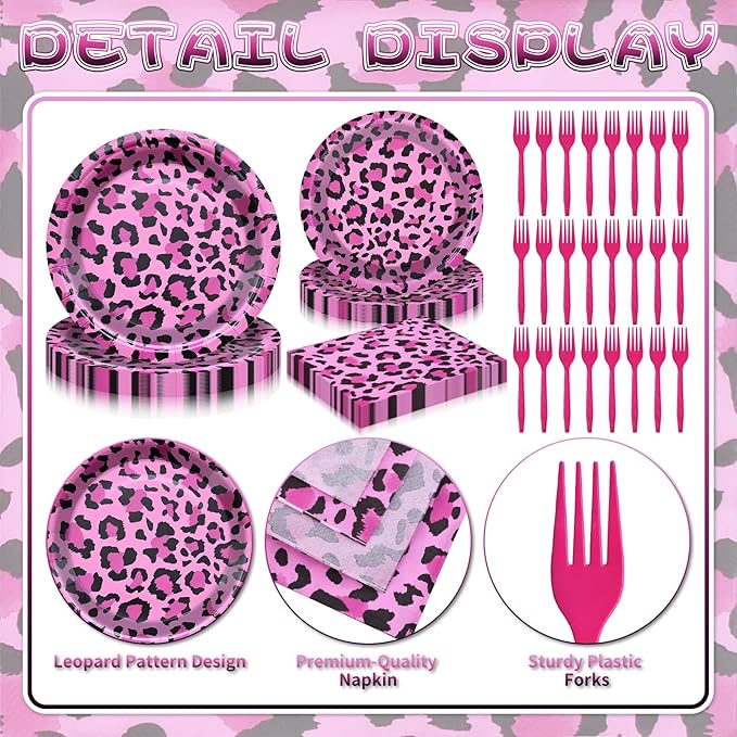100 Pieces Pink Leopard Print Party Tableware Set – Hot Pink Cheetah Plates, Napkins and Forks, Disposable Dinnerware for Girls Birthday, Baby Shower and Safari Party Supplies