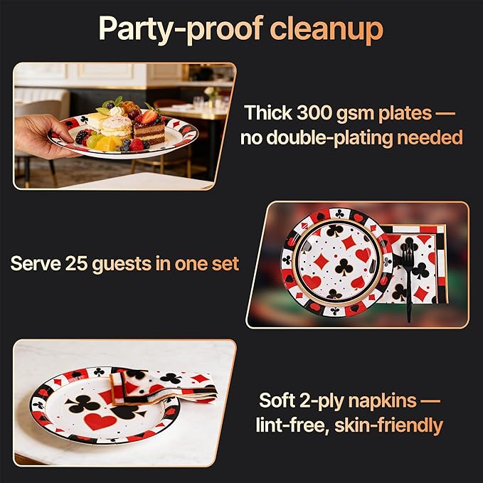 100 Pcs Casino Party Supplies for 25 Guests, Heavy-Duty 7" & 9" Paper Plates, 2-Ply 13" Napkins & Plastic Forks, Disposable Tableware Set for Casino Night Vegas Game Night and Poker Party