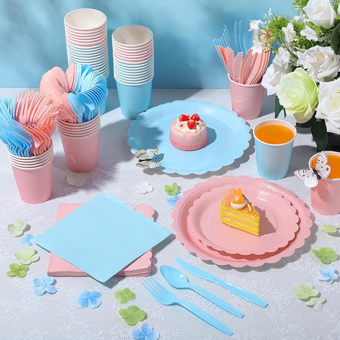 Ziliny 350 Pcs Pink Blue Plates and Napkins, 50 Guest Spring Party Supplies Include Scalloped Paper Plates Napkins Cups Plastic Spoons Forks Knives Disposable Tableware Set for Baby Shower