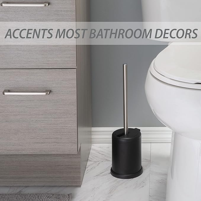 Bath Bliss Toilet Brush and Holder | Self Closing Lid | 360 Degree Brush Head | Bathroom Cleaning | Compact Size | Storage and Organization | Matte Black