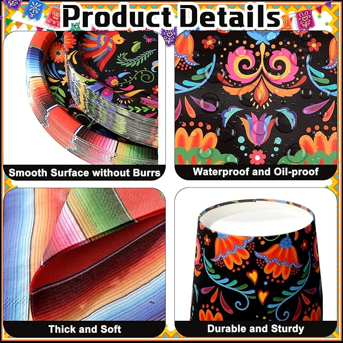 Havawish 350 Pcs Mexican Party Supplies Fiesta Disposable Tableware Set Flower Serape Stripe Oval Paper Plates Cups Napkins Fork Knife Spoon Dinnerware for Cinco De Mayo Mexico Table Decor