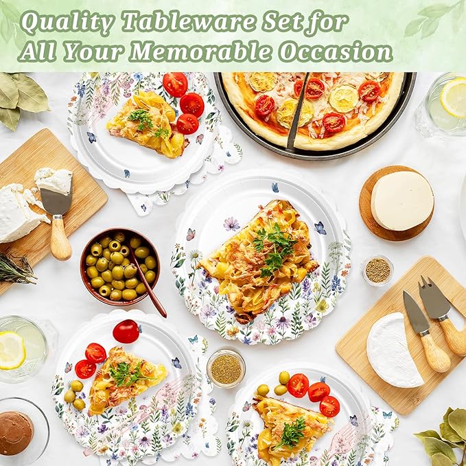75 Wildflower Themed Plates and Napkins Disposable Set Includes 25 Dessert Cake Scalloped Plates, Cocktail Napkins & Forks, for Fork 25 Guests Holiday Party Supplies.