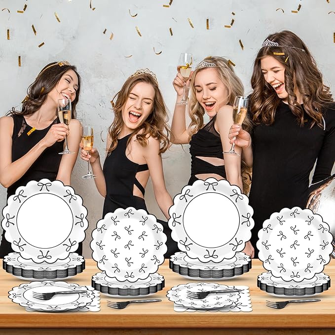 96Pcs Black White Bow Party Decorations Girl Bow Birthday Paper Plates Napkins Supplies Bowknot Themed Cake Tableware Dinnerware for Bachelorette Engagement Wedding Baby Bridal Shower Serves 24